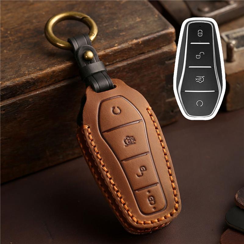 Leather Car Remote Key Cover Case Holder shell Chain Bag Fob For BYD ATTO 3 2 1 Song Plus Pro Dmi Seal U Sealion 7 Sealion 5 6