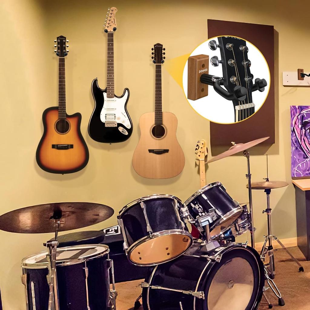 Donner Guitar Hanger Wall Hanging Black Walnut Material Load 10KG with Screws Bass/Ukulele (3 Pieces)