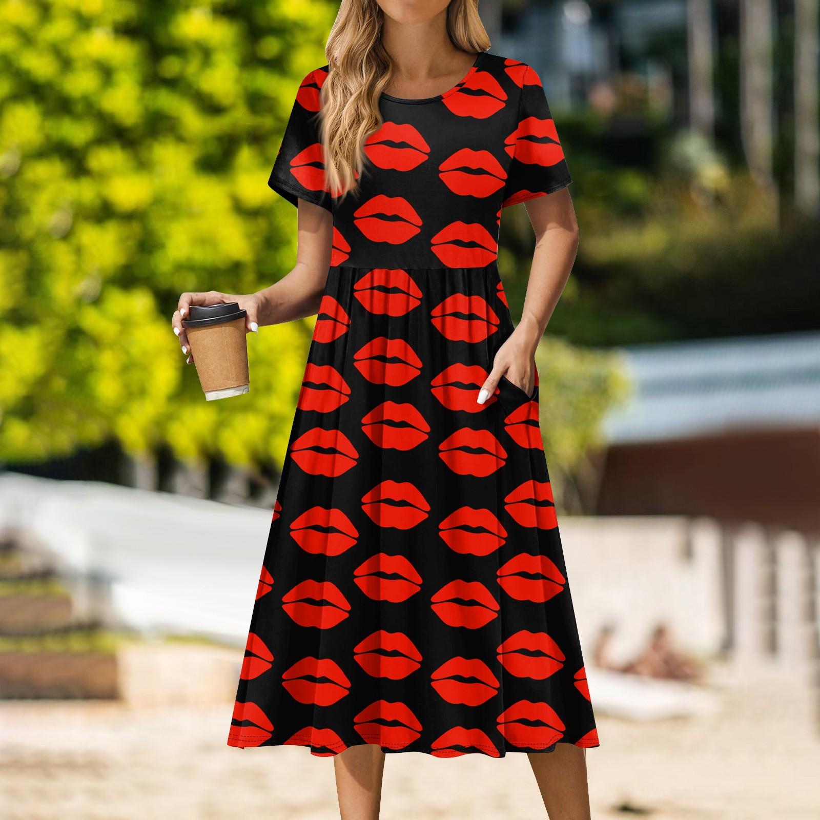 

Женское повседневное платье миди с круглым вырезом на День святого Валентина, классическое повседневное свободное платье с коротким рукавом XXL