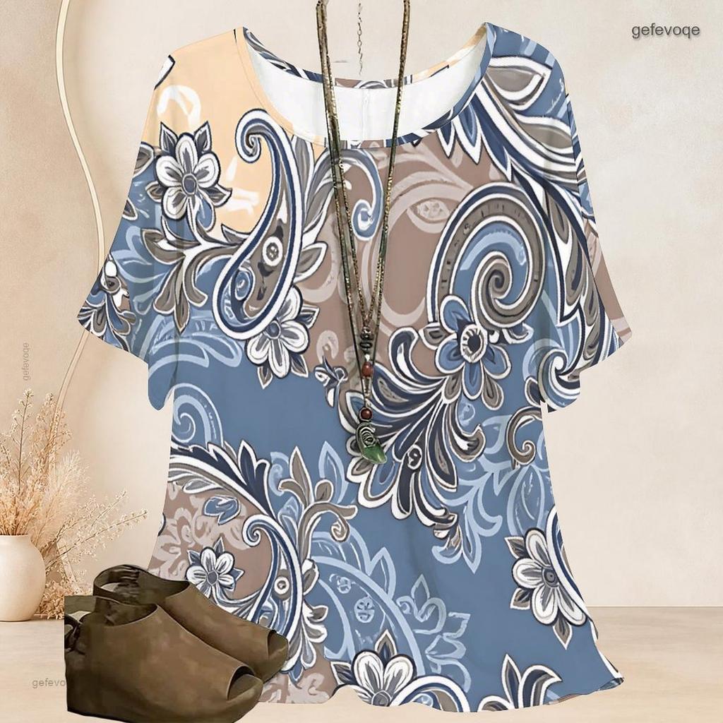 Women Plus Size Round Neck Batwing Short Sleeve Loose Gradient Printed Top