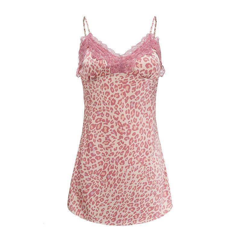 Pink leopard print sexy pajamas women's summer thin with chest pad lace suspender nightdress new