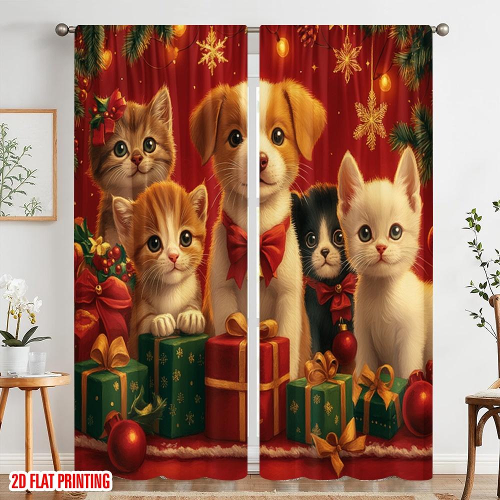 2pcs,2D plane printing Contemporary Curtains Cute Puppies Kittens Christmas Holiday (3) Versatile Polyester Fabric (without rod)