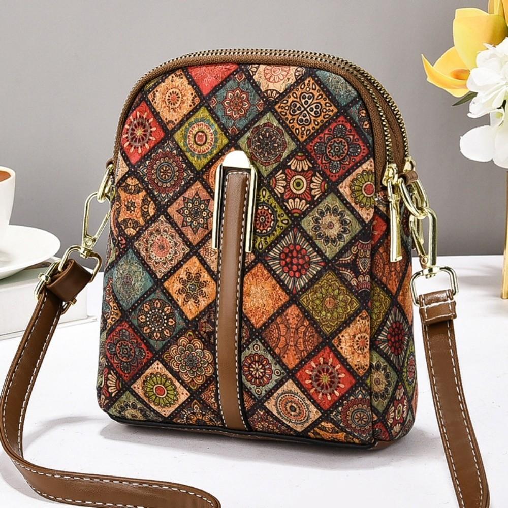 Women Fashion Bohemian Style Printed Phone Bag PU Leather Ethnic Style Single Shoulder Bag Versatile Luxury Handbag For Ladies