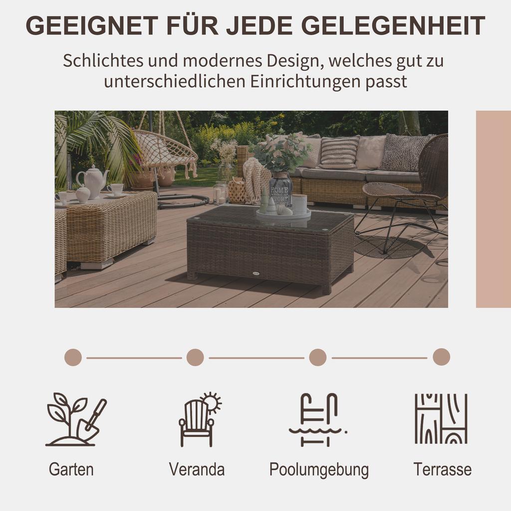 PE Rattan Garden Coffee Table with Glass Table Top - Brown