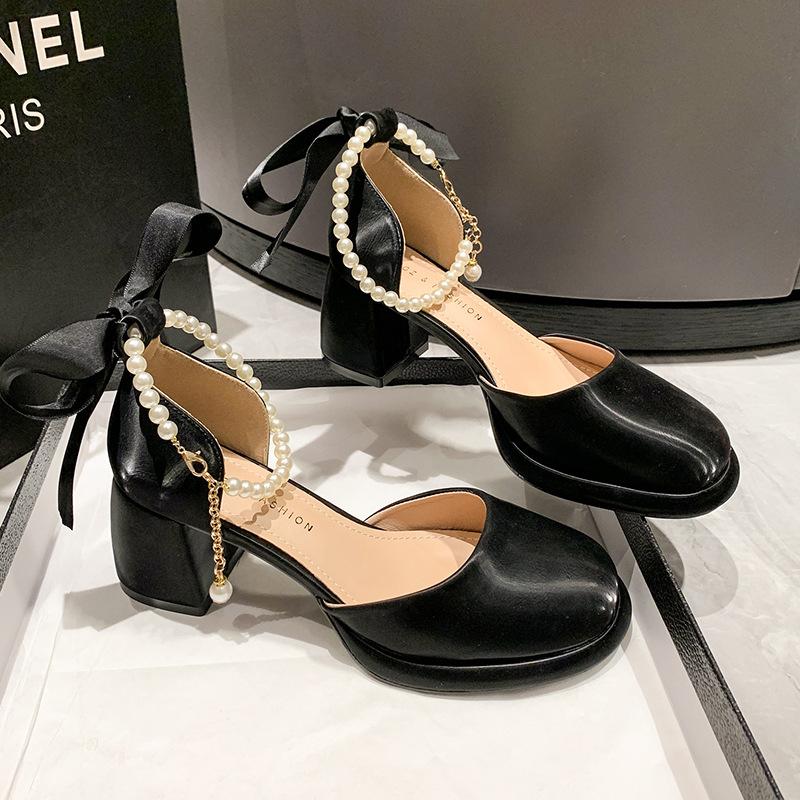 

Сказочные сандалии с сумкой на голову, женские летние жемчужные туфли Мэри Джейн, одинарные туфли с вырезами на одной пуговице, толстый каблук, французские высокие каблуки 34