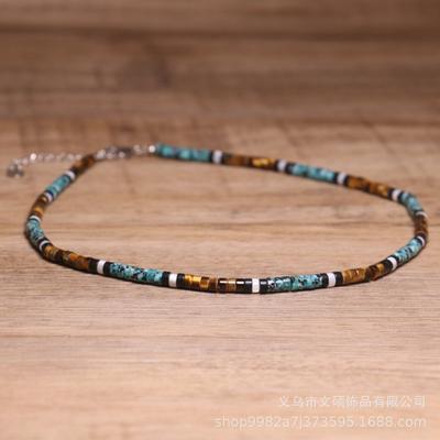 Turquoise Tiger Eye Square Bead Choker – Silver Accent Boho Jewelry, Protection Grounding Gift for Men Women