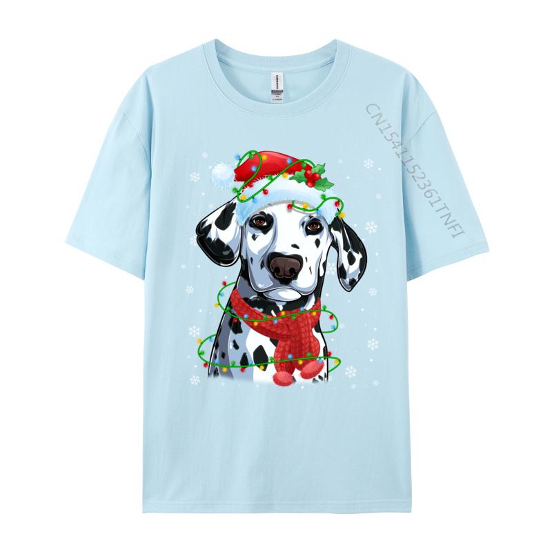 Christmas Lights Dalmatian Dog Santa Hat Scarf T-Shirts Dog Lovers T-Shirts Simple Style Top Quality Mens Tees