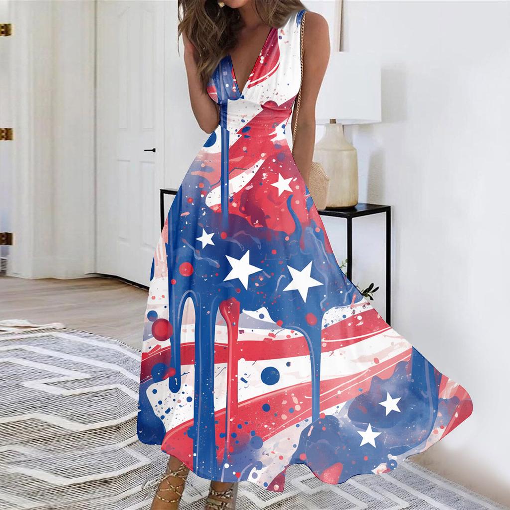 Sleeveless Maxi 4th of July Dress with Star Print Independence Day Dress for Women Casual Loose Fit Holiday Outfit