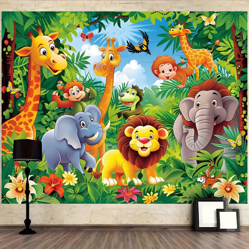 A set of cartoon animal jungle collection items, including elephants and giraffes