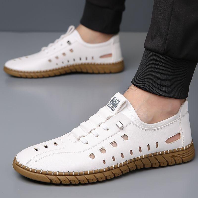 Hollow Leather Shoes Casual Shoes Summer New Men's Shoes Breathable Mesh Hole Shoes One Pedal Flat Shoes