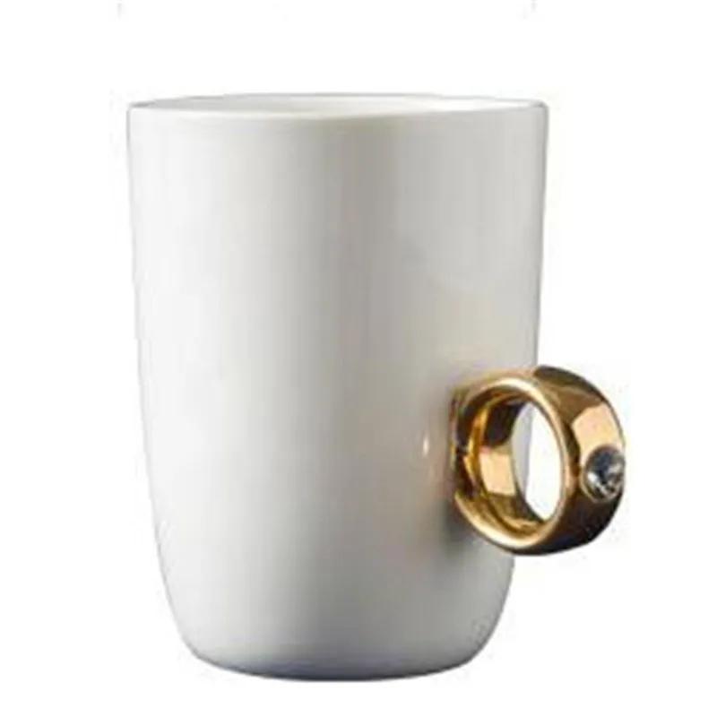 Creative Wedding Gifts Lovers Couple Cartoon Elegant Crystal Diamond Ring Mugs White Ceramic Cute Water Coffee Mug Drinkware