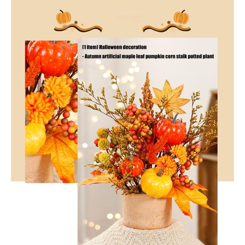 Tabletop Autumn Centerpieces Realistic Pumpkins With Realistic Maple Leaf Arrangement And Wheat Stalks Display