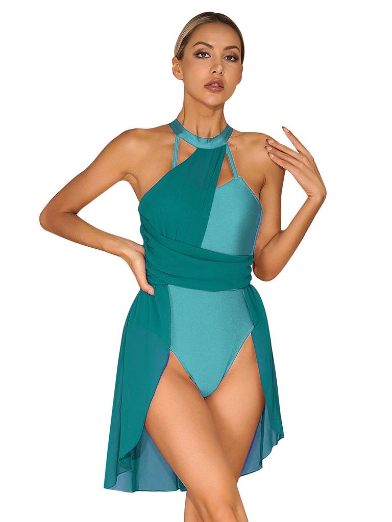 Costume de danse de gymnastique en mousseline de soie pour femmes, robe de danse lyrique, Costume contemporain moderne, col licou, vêtements de danse en mousseline de soie