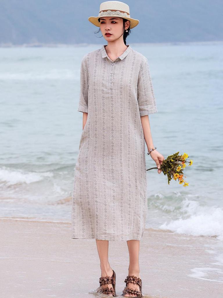 Women's Artistic Floral Print Linen Midi Dress - Summer, Loose Fit, Mid-Sleeve, Lapel Collar.
