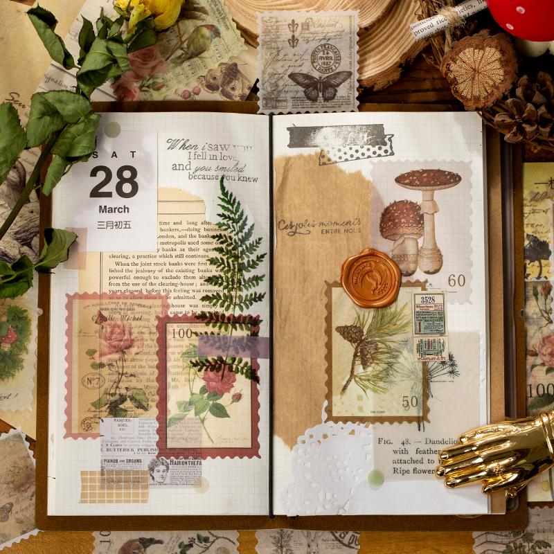 60pcs Time Post Office Series Retro Washi Stamp Stickers Creative Decoration DIY Handmade Aesthetics Scrapbook Supplies