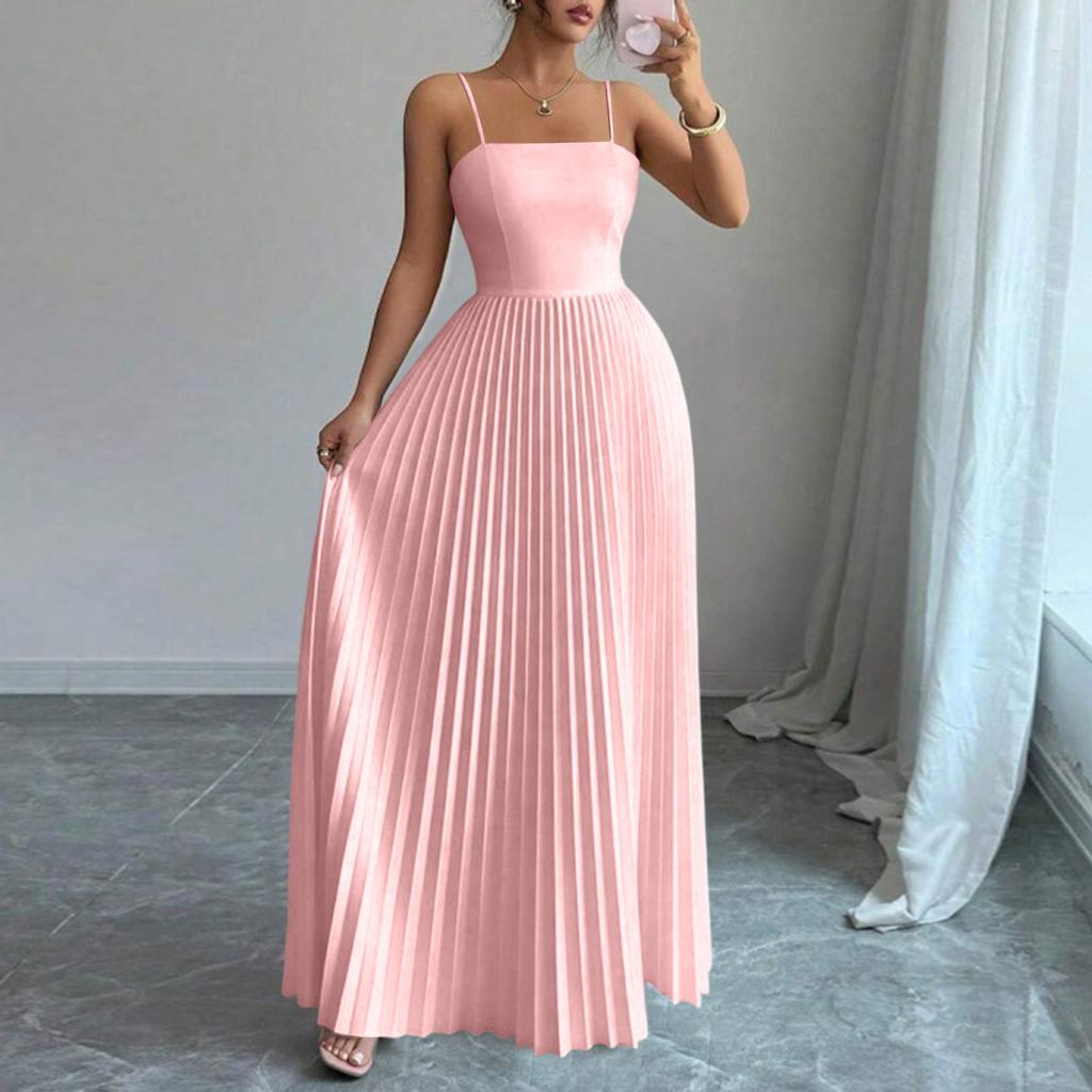 Vestido largo de color plisado con cintura ajustada y tirantes finos para mujer para salir por la noche