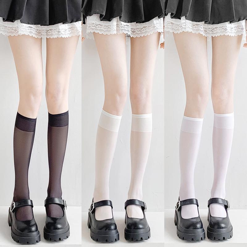 White silk calf socks women's summer thin Japanese jk socks white stockings stockings sexy half black silk medium tube socks