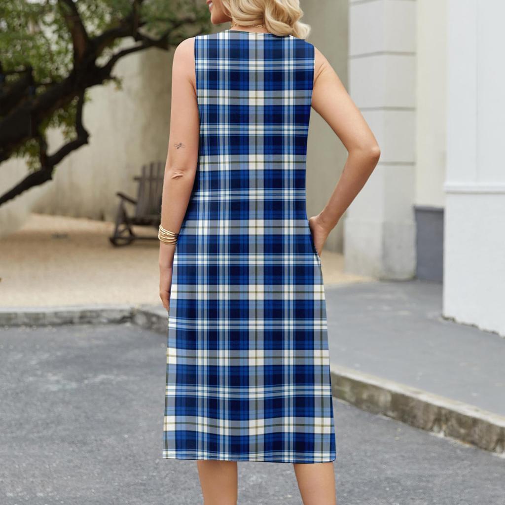 Women's Fashion Casual Sleeveless Button Plaid Print Dress with Pocket