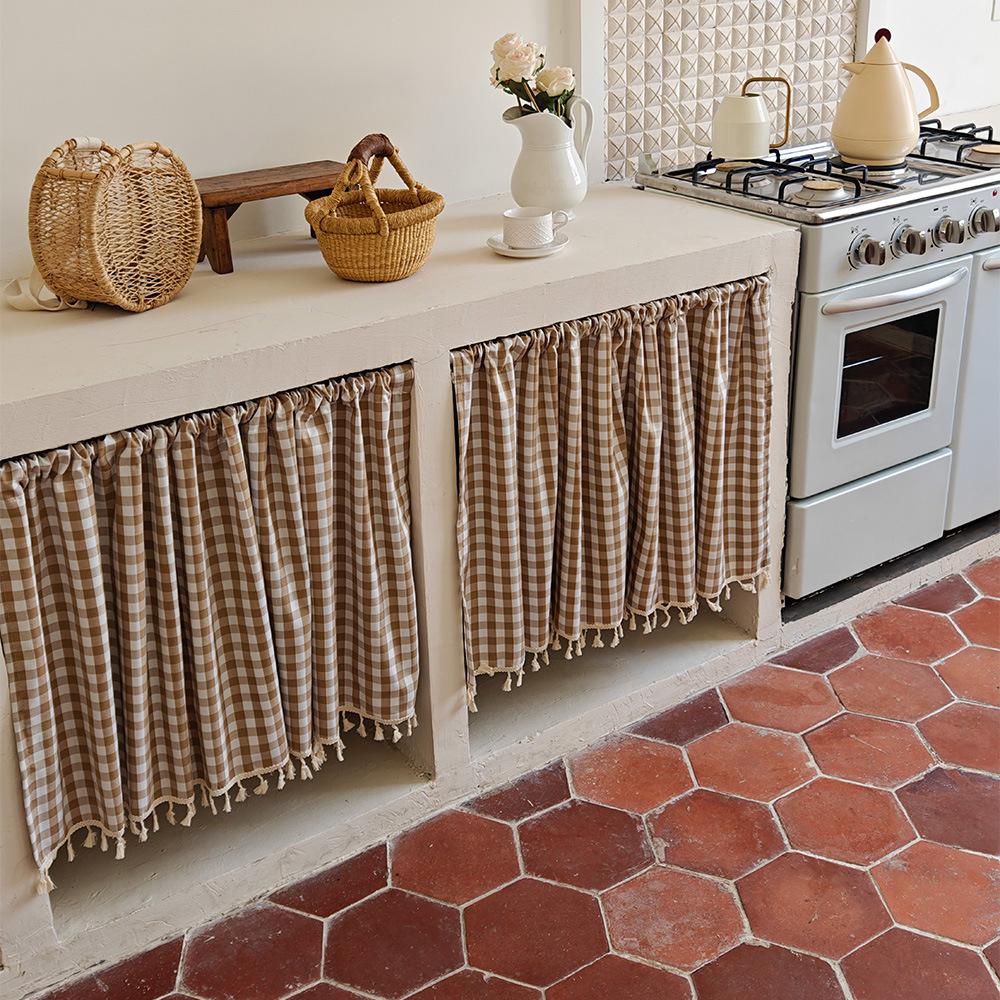 Fresh pastoral small lattice half curtain fabric floating curtain cabinet curtain coffee curtain door curtain partition curtain