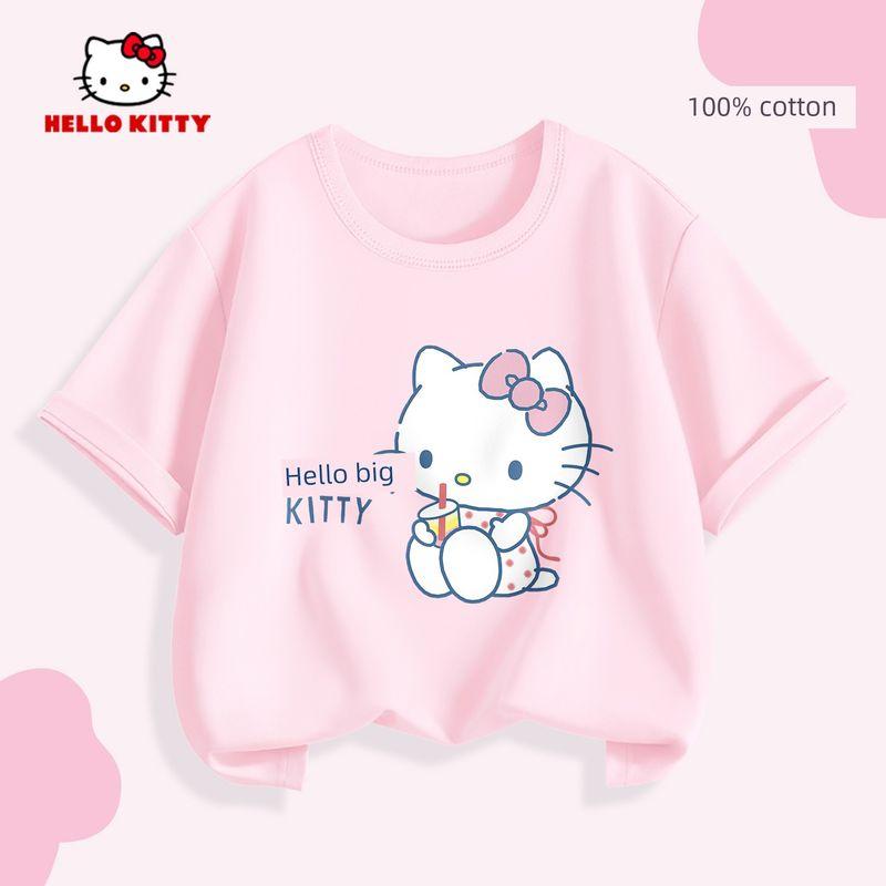 Kitty Girls' Pure Cotton Short-Sleeved Kidsren's T-Shirt Pink Little Girl Spring Wear Inner Wear Half-Sleeved Shirt for Small and Medium-Sized Kidsren