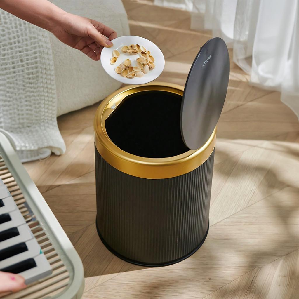 Modern White and Black Double Layered Trash Bin with Press Top Lid for Bathroom, Office and Bedroom