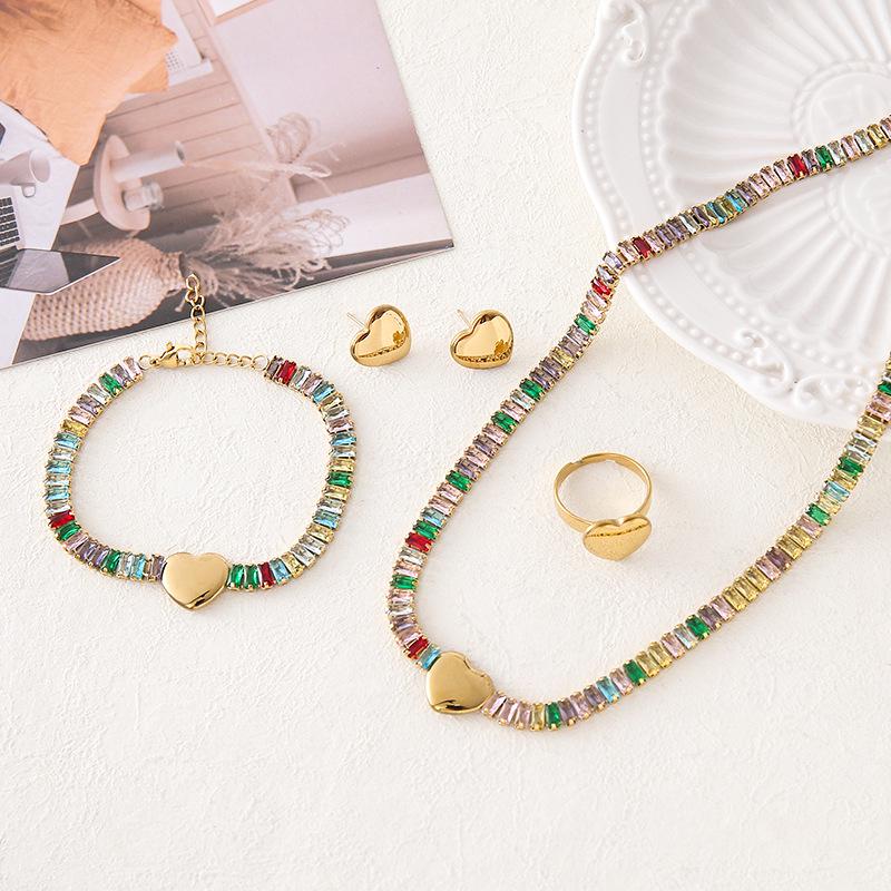 Elegant Women s Set: Square Zircon Necklace, Bracelet, Heart Ring, and Stud Earrings