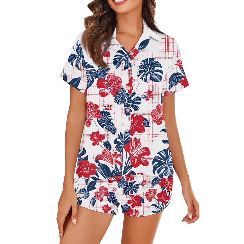 Women's Ice Silk Pajamas Button Homewear Hawaiian Print Short Sleeve Satin Pajama Set