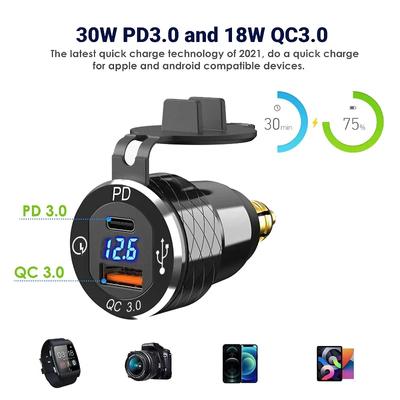 Γρήγορος Φορτιστής USB Type C PD 3.0 Din σε USB και 18W QC 3.0 Πρίζα Ρεύματος με Βολτόμετρο για Μοτοσυκλέτα Ducati BMW 12V-24V