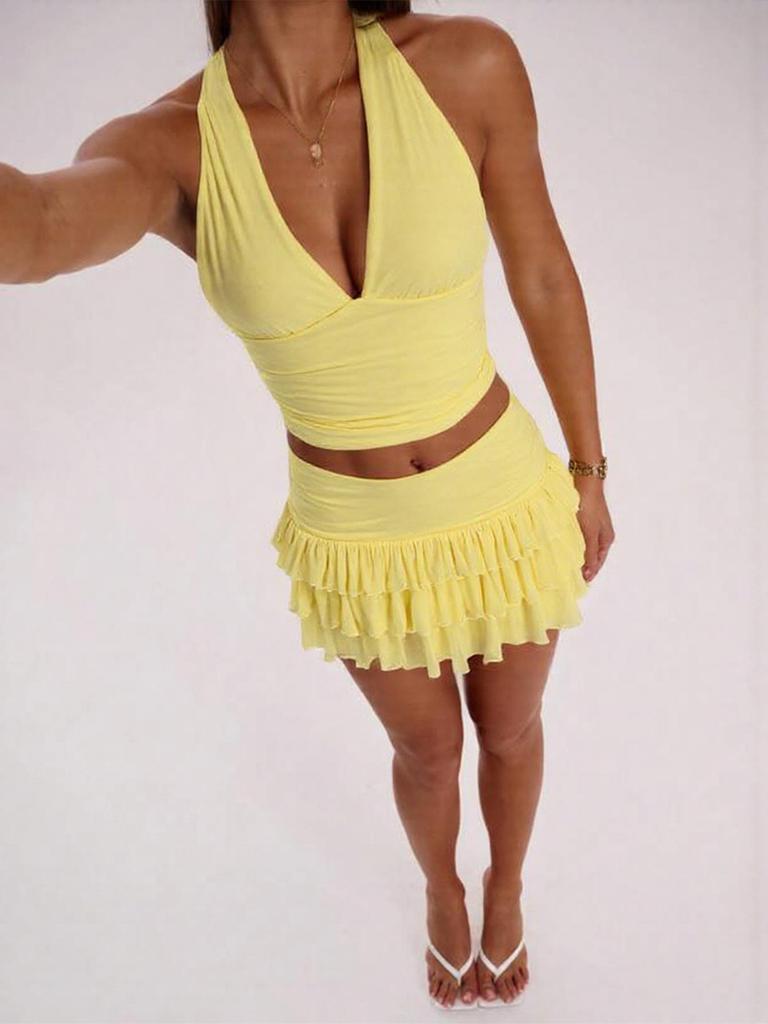 Europäisches Neckholder Bodycon Rock Set: Scharfes plissiertes V-Ausschnitt-Camisole-Kleid