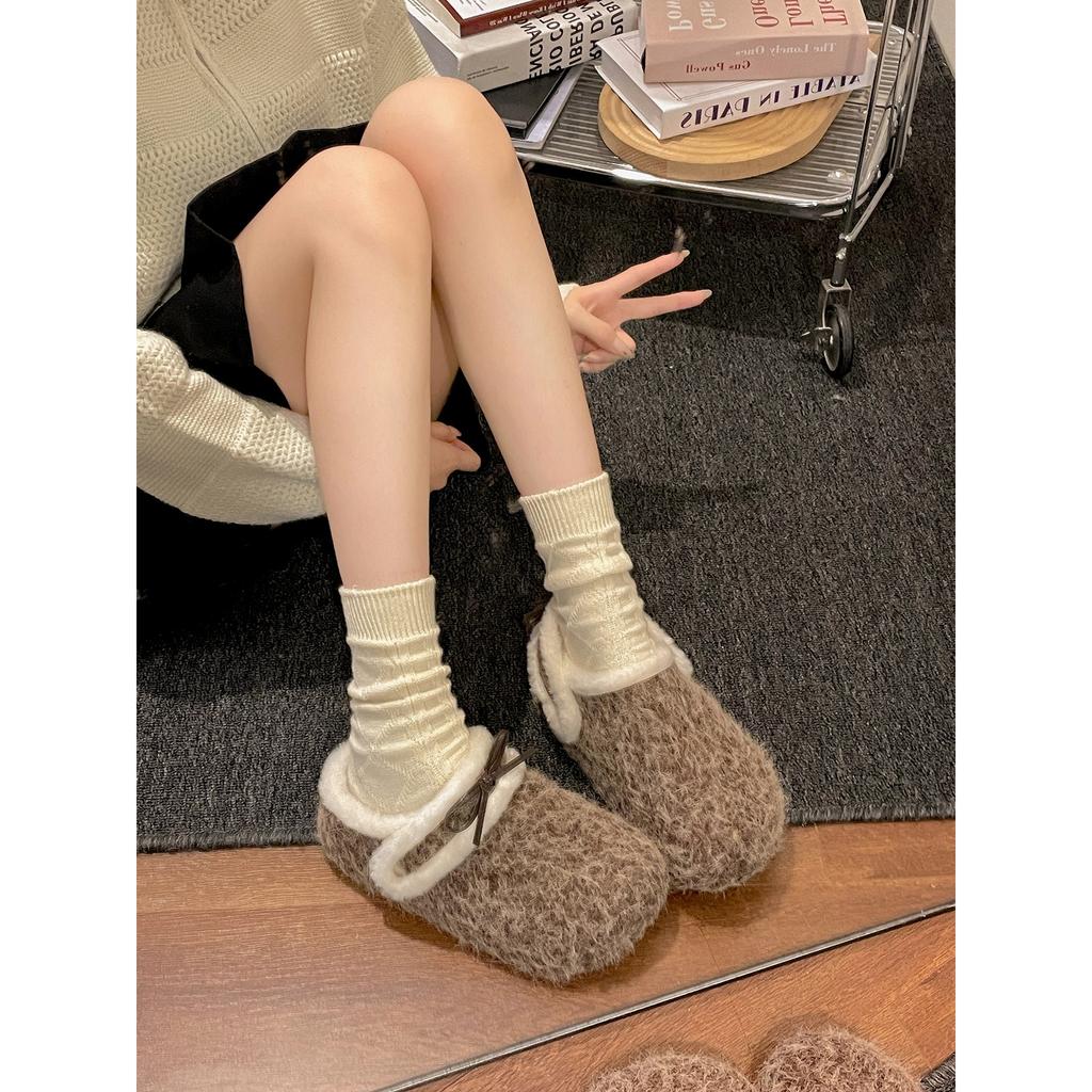 Two wear retro non-slip heightened thick-soled fluffy slippers for women in winter, velvet warm snow cotton mop