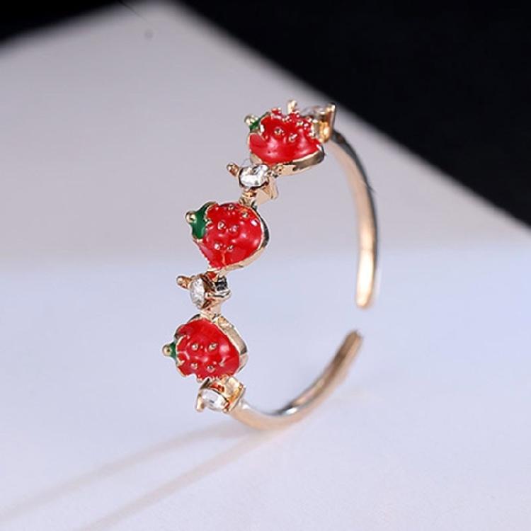 Delicate Strawberry Inspired Adjustable Ring With Faceted Cubic Zirconia Stones Polished Copper Base Fashionable Everyday Accessory