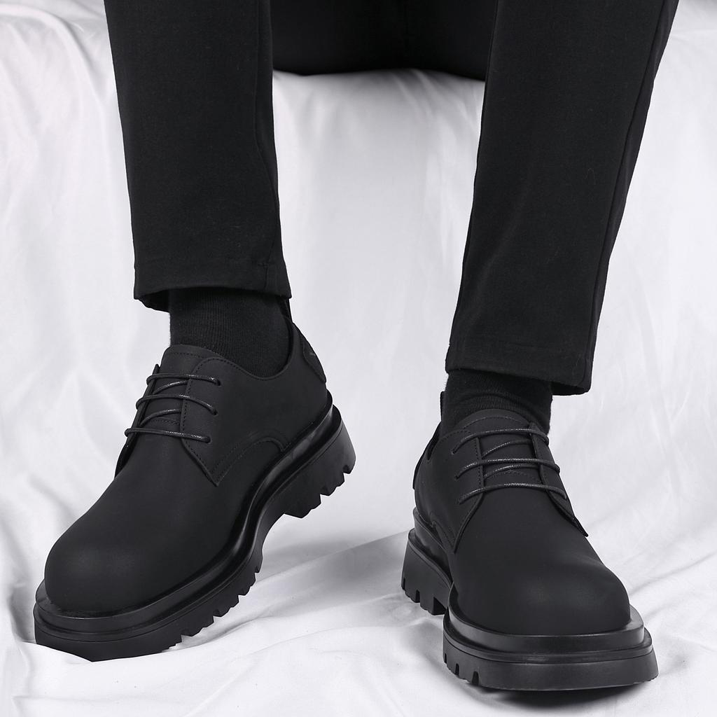 British Style Dark Black Leather Shoes Trendy Men and Women Niche Retro Matte Leather Heightening Big Head Shoes Men's Thick-soled Derby Shoes