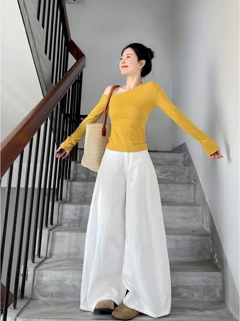 Korean-Style Spring 2026 Two-Piece Set: Yellow One-Shoulder Top & Wide-Leg Pants L