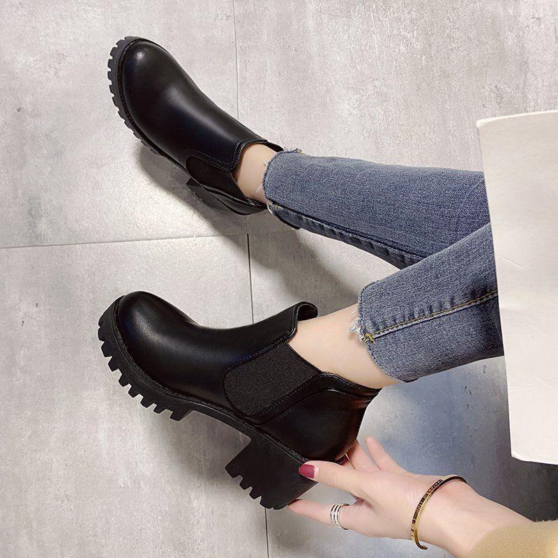 Autumn and Winter New Thin Versatile High-heeled Short Boots Fashionable and Comfortable Casual Round Head Thick Heel Martin Boots Women