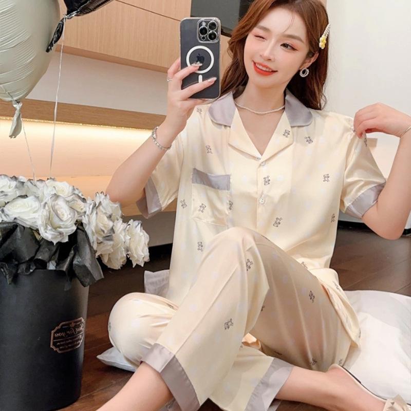 

Cold Silk Cool Spring And Summer Outer Wear Casual Cartoon Short-Sleeved Trousers Bear Full Print Loungewear Suit 2XL