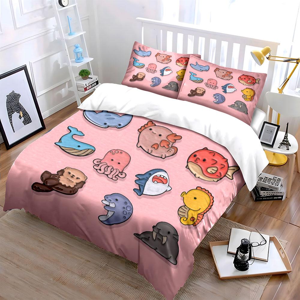Colorful Cartoon Sea Creatures Print Bedding Set 1 Duvet Cover 2 Pillowcases For Adult And Children Luxury Gift Full Size