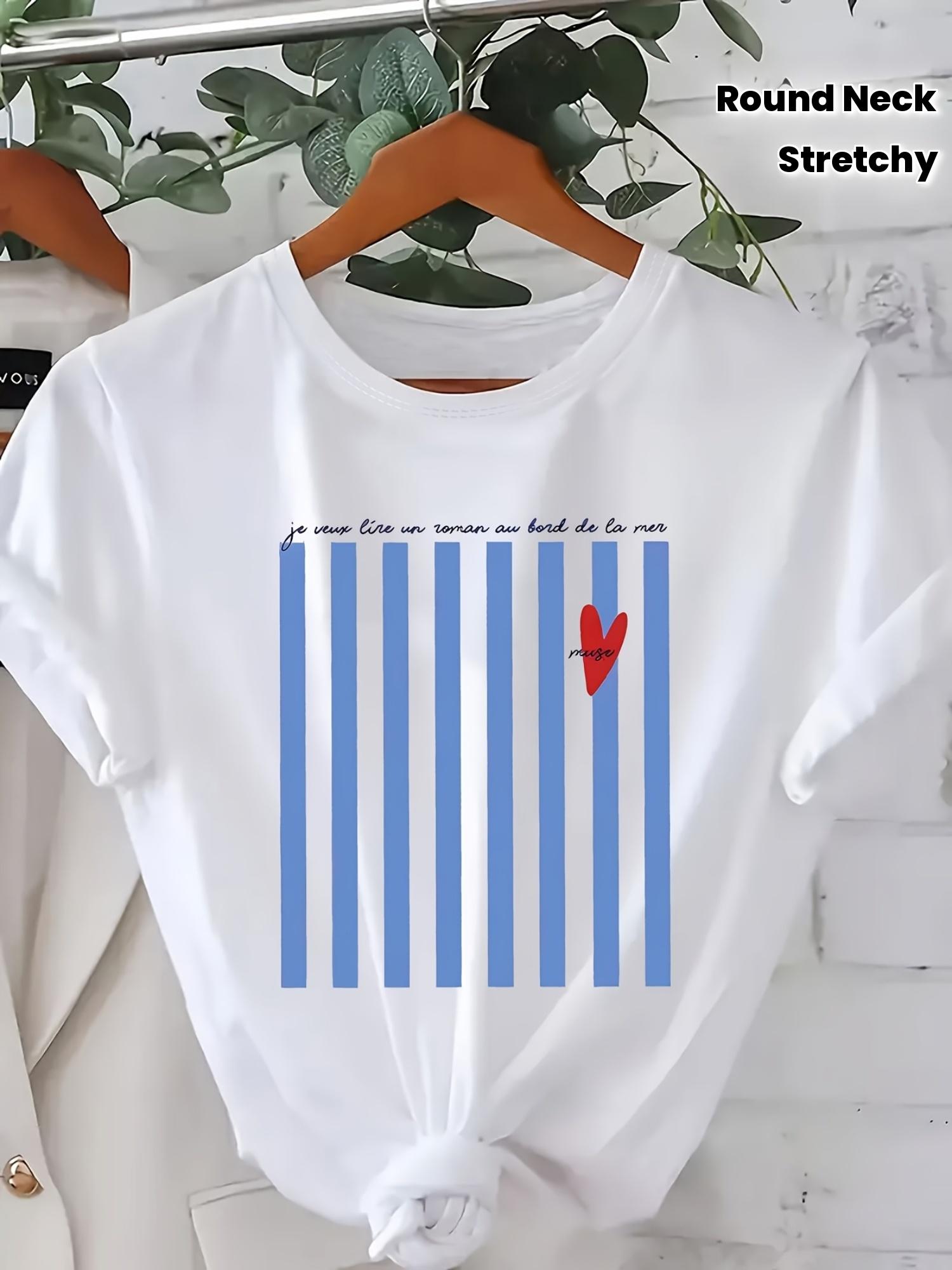 Light Blue Striped Pattern Printed Summer T-shirt for Women Round Neck Short Sleeved Casual Women s T-shirt Clothing S