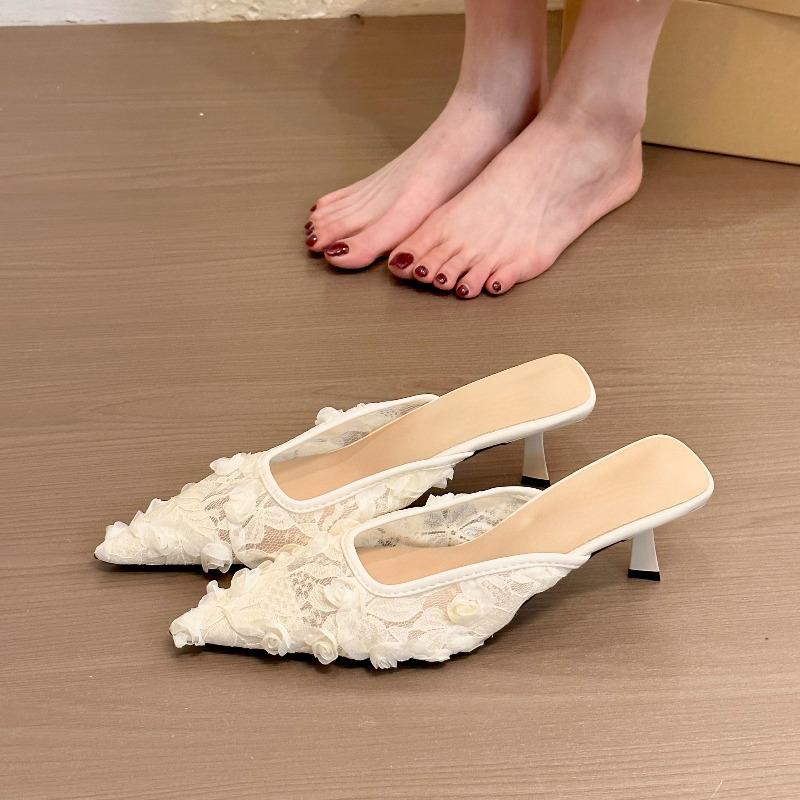 Spring Summer Pointed Toe Women Muels Slippers Fashion High Heels Party Dress Ladies Flower Slides Shoes