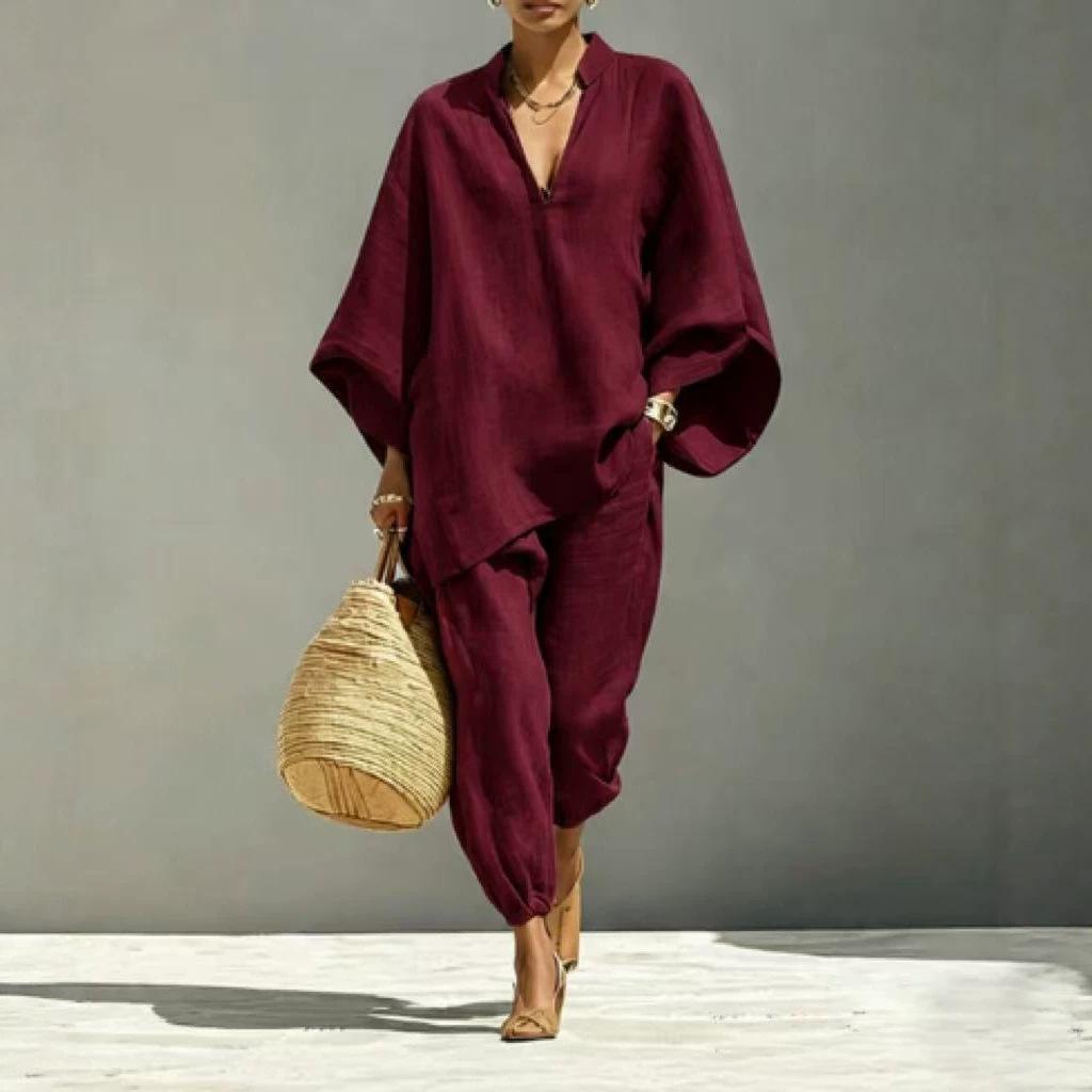 2026 Fashion Women's Solid Color, Casual Style Design Bat Sleeve V-Neck Lazy Loose Suit Women