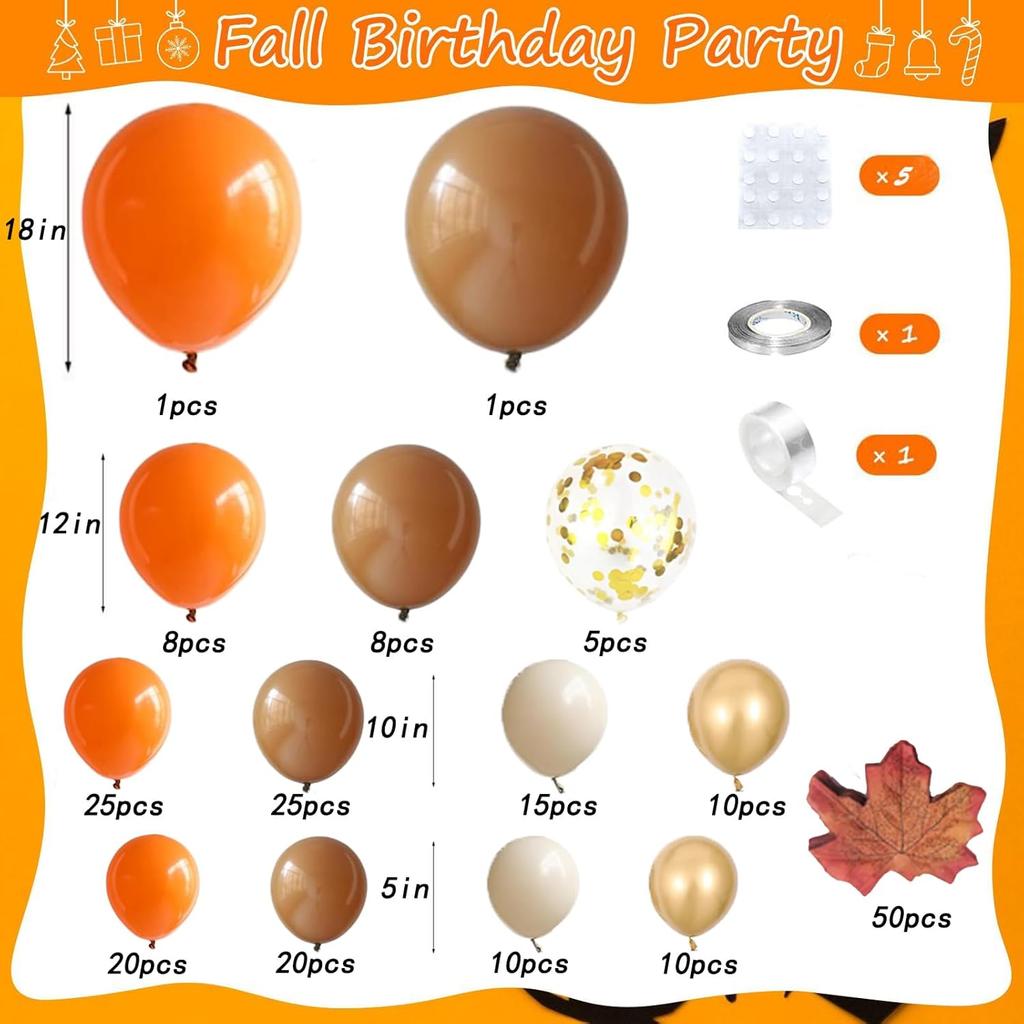 215pcs Fall Balloon Arch Kit with Burnt Orange Coffee Brown Sand White Balloons Maple Leaves for Fall Thanksgiving Autumn Harvest Birthday Party