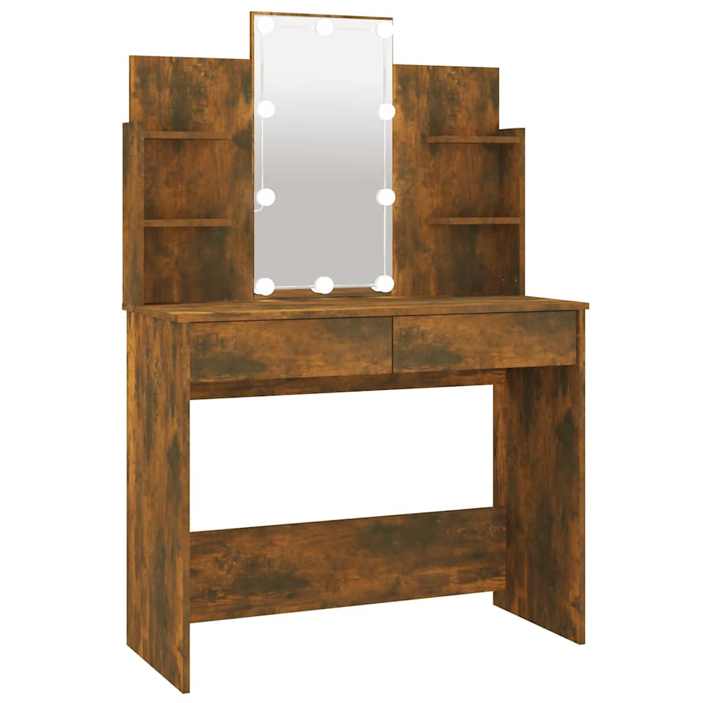 Makeup Table with LED Smoked Oak 96x40x142 cm