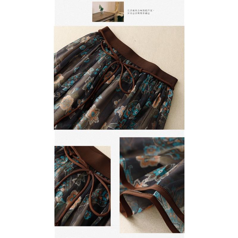 Summer new literary loose chiffon floral skirt women's medium and long anti-penetration gauze skirt A-shaped skirt