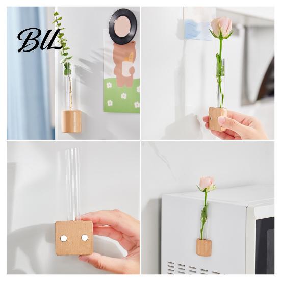 Glass Test Tube Planter Fridge Magnet Vase Clear with Wooden Base Non-drill Magnetic Mini for Flowers Herbs Refrigerator Kitchen Decor Decoration