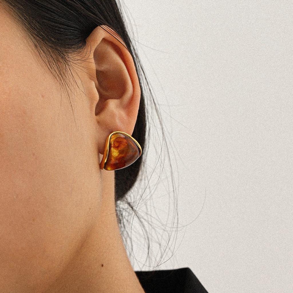 Maillard Amber Triangular Stud Earrings, 18K Gold Plated Cabochon Resin Earrings, Premium Titanium Steel Ear Jewelry