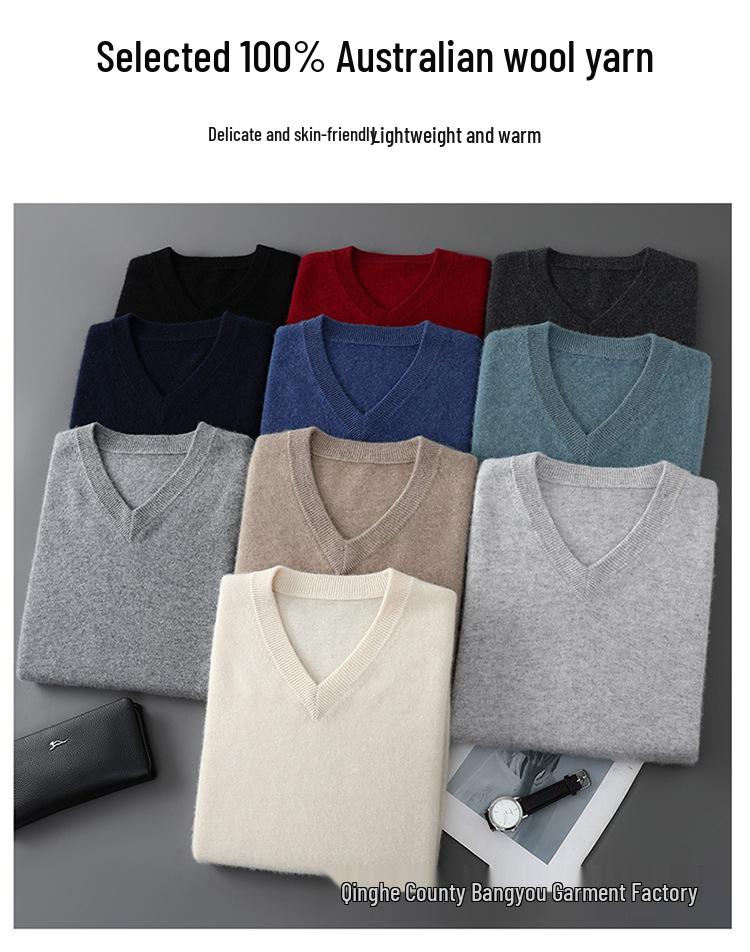 Men's Pure Wool V-Neck Sweater - Loose Fit, Plus Size, Cashmere Blend, Autumn/Winter Collection