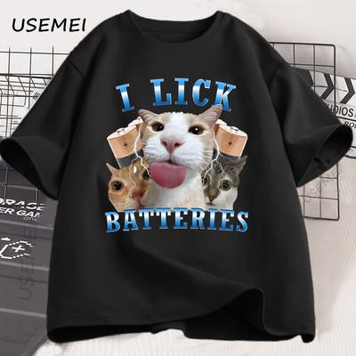 Ich lecke Batterien Lustige Katze Grafik T-Shirts Baumwolle Kurzarm O-Ausschnitt T-Shirt Lässig Mode Herren T-Shirt Kurzarm Sommer