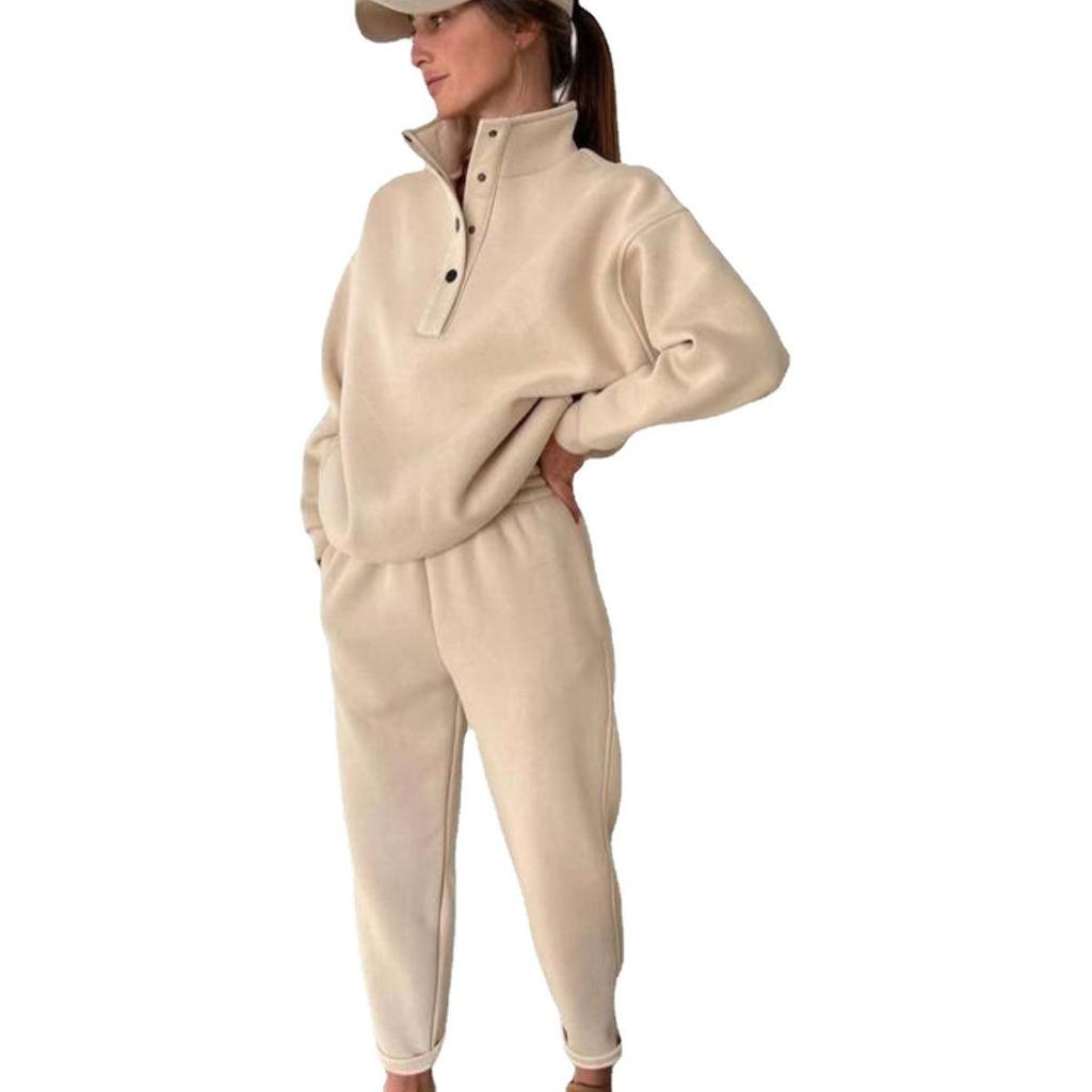 Spring and Autumn Women's Fashion Button Up Collar Hoodie Loose Pants, Hoodie Set
