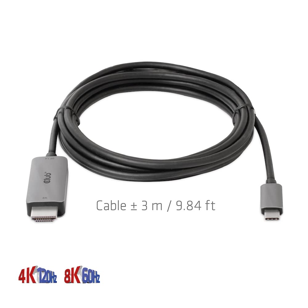 Club 3D USB Gen2 Type C to HDMI 2.1 Active Cable, Male/Male, 3m, 4K120Hz, 8K60Hz, HDR10+, DSC 1.2 Support (CAC-1587)