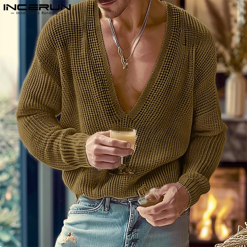INCERUN Autumn Men V Neck Long Sleeve Knitted Rib Pullovers Casual Loose Jumper Tops