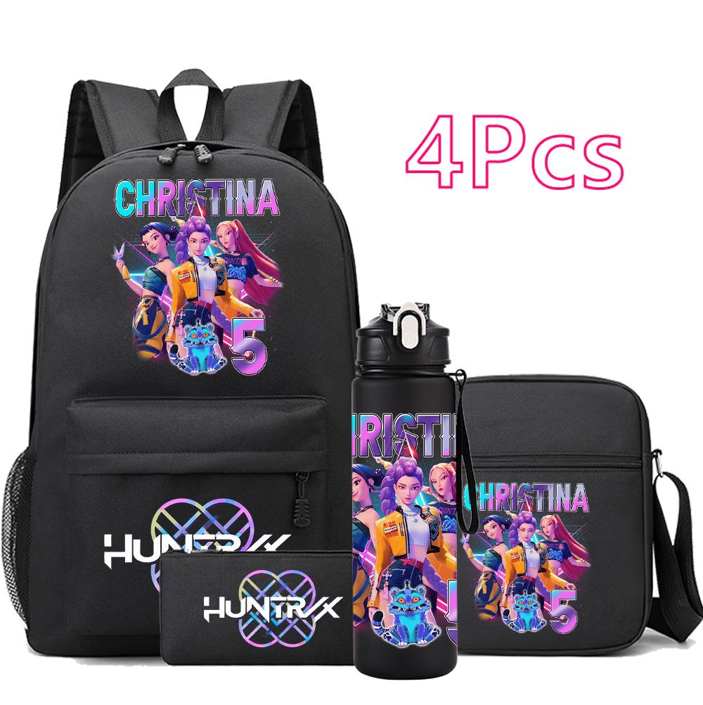 4Pcs/set Anime K-Pop Demon Hunters Printed Backpack Bookbag Shoulder Bag Case Bag with 750Ml Water Bottler for Boy Girl Large Capacity Schoolbag